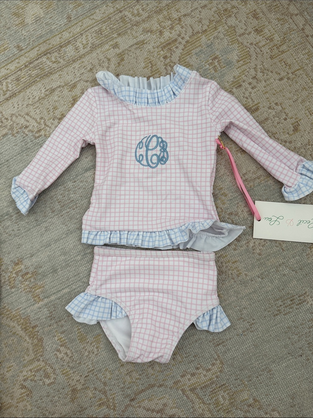 NEW Monogram “CCB” Pink Check Girls' Long-Sleeve Rash Guard Set